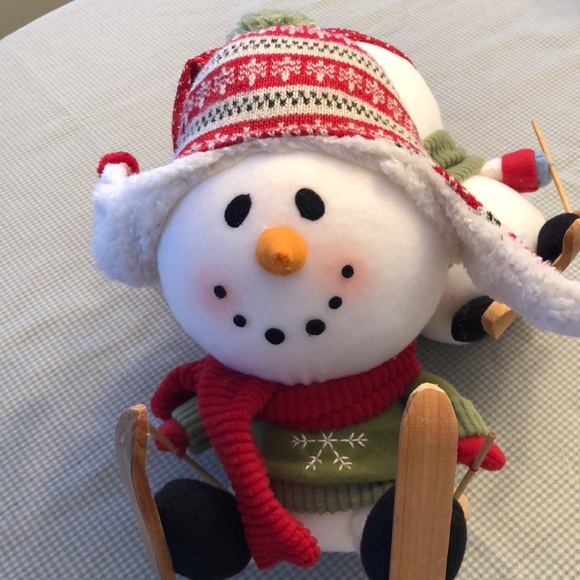 Vintage Set of 2 Skiing Snowmen Colourful Knit Toques & Scarves 12” Tall #OS - Picture 3 of 8